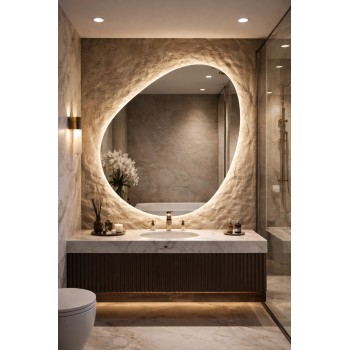 Veidrodis PEBBLE LED IŠMANUS su funkcija nuo rasojimo, laikrodžiu ir termometru