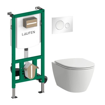 Kompl. WC puodo su QR/SC dangčiu Laufen Rimles, Ineo potinkinis rėmas, Moon mygtukas 