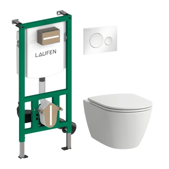 Kompl. WC puodo su QR/SC dangčiu Laufen Rimles, Ineo potinkinis rėmas, Moon mygtukas 
