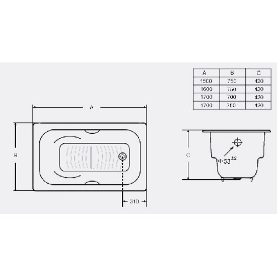 Cast iron bathtub MASSI 170x75x42